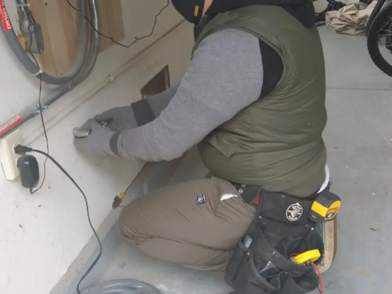 Electrician performing outlet wiring in a Ware garage